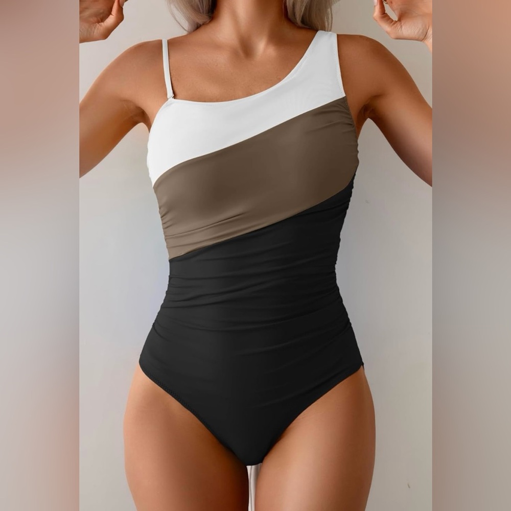 NWT Aidonger One Shoulder 1Pc Tummy Control Color Block Ruched Swimsuit Women L
